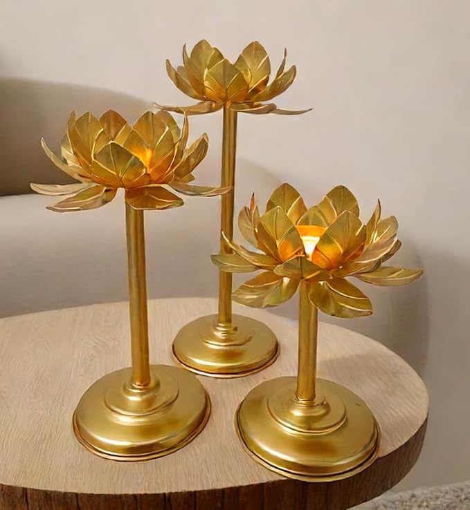 Golden Metal Lotus Shape Tealight Candle Holder Set of 3