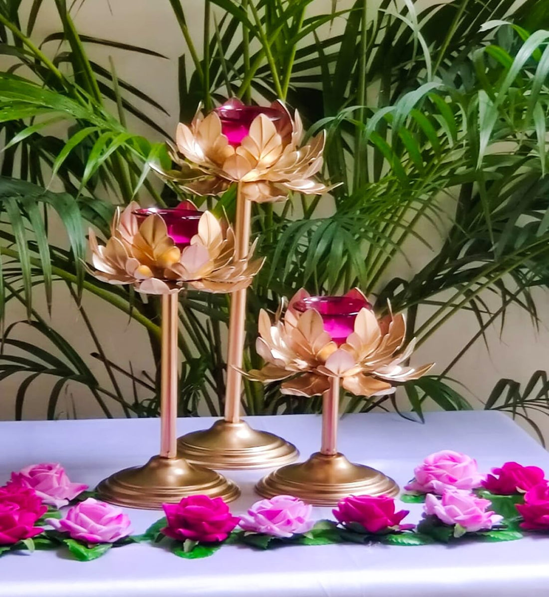 Golden Metal Lotus Shape Tealight Candle Holder Set of 3