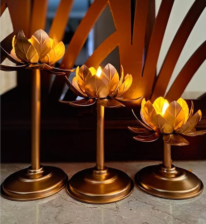 Golden Metal Lotus Shape Tealight Candle Holder Set of 3