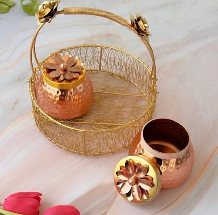 Decorative Round Metal Mesh Floret Wired Basket with Handle