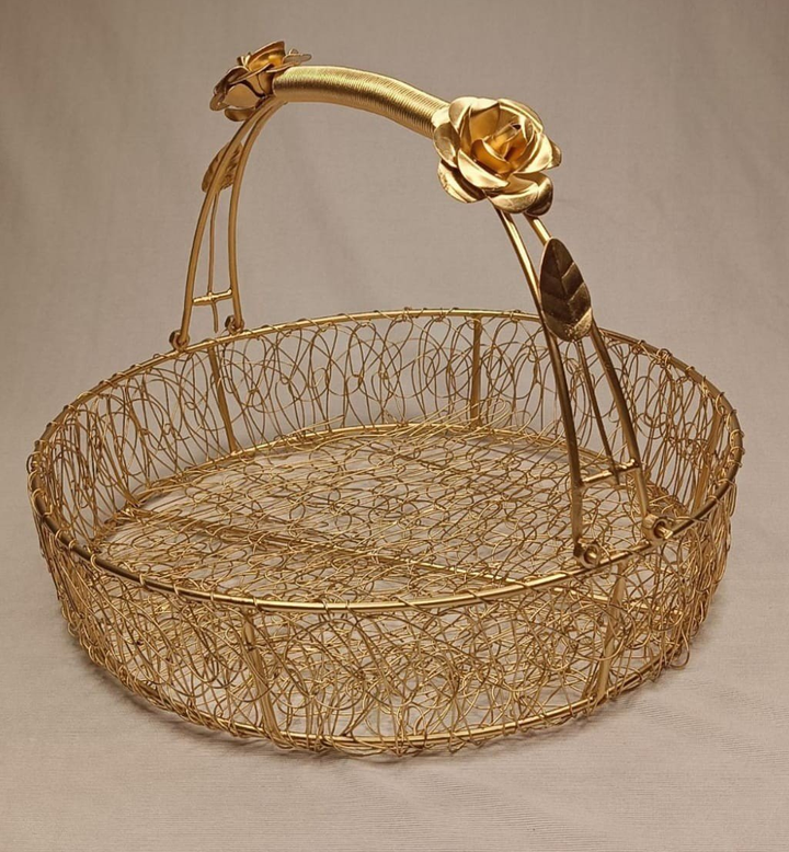 Decorative Round Metal Mesh Floret Wired Basket with Handle