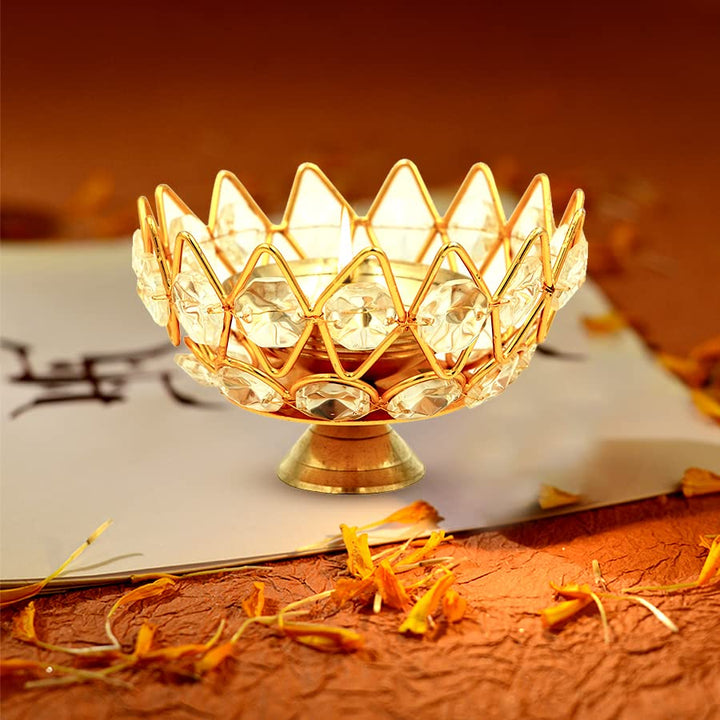 Brass Crystal Bowl Round Shape Akhand Kamal Diya