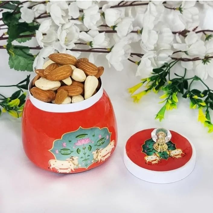Round Metal Jar with Red Pichwai Art For Dry Fruits, Return Gifts & Rituals