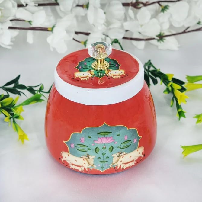 Round Metal Jar with Red Pichwai Art For Dry Fruits, Return Gifts & Rituals