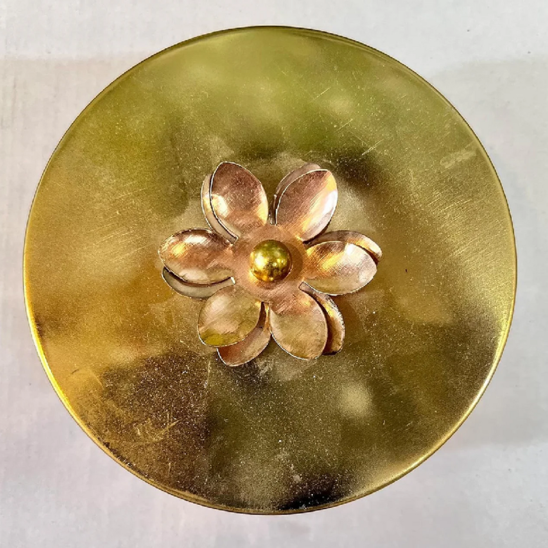 Copper Cylindrical Shaped Gift Box Dry Fruits Box with Brass Lid and Flower Knob