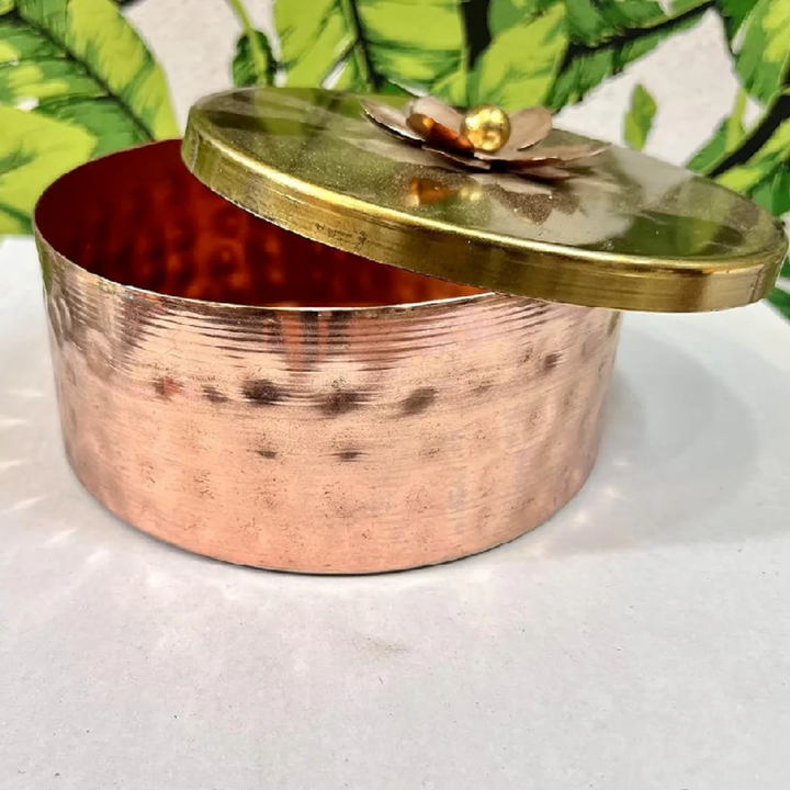 Copper Cylindrical Shaped Gift Box Dry Fruits Box with Brass Lid and Flower Knob