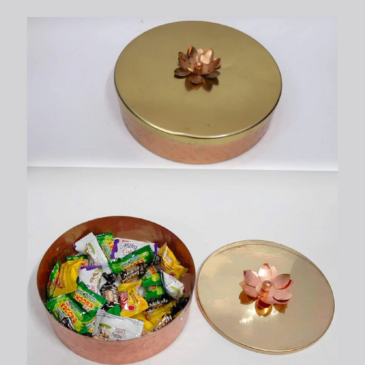 Copper Cylindrical Shaped Gift Box Dry Fruits Box with Brass Lid and Flower Knob