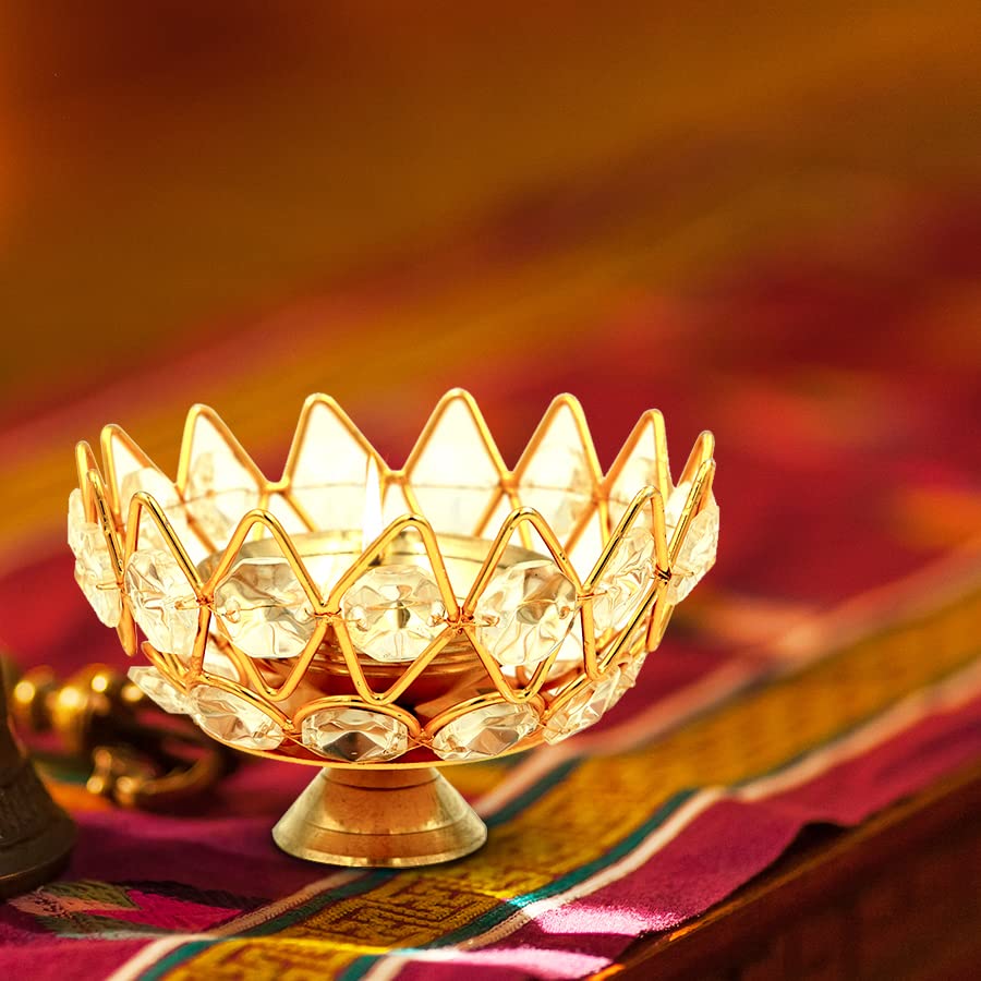 Brass Crystal Bowl Round Shape Akhand Kamal Diya