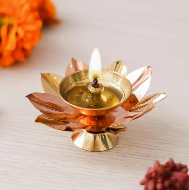 Brass and Copper Lotus Flower Puja Diya