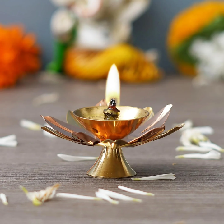 Brass and Copper Lotus Flower Puja Diya