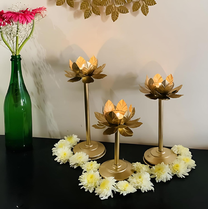 Golden Metal Lotus Shape Tealight Candle Holder Set of 3