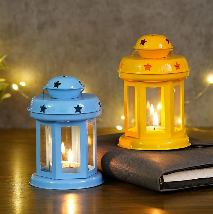 Blue Yellow Metal Wall Hanging Lantern Tea Light Candle Holders Set of 2