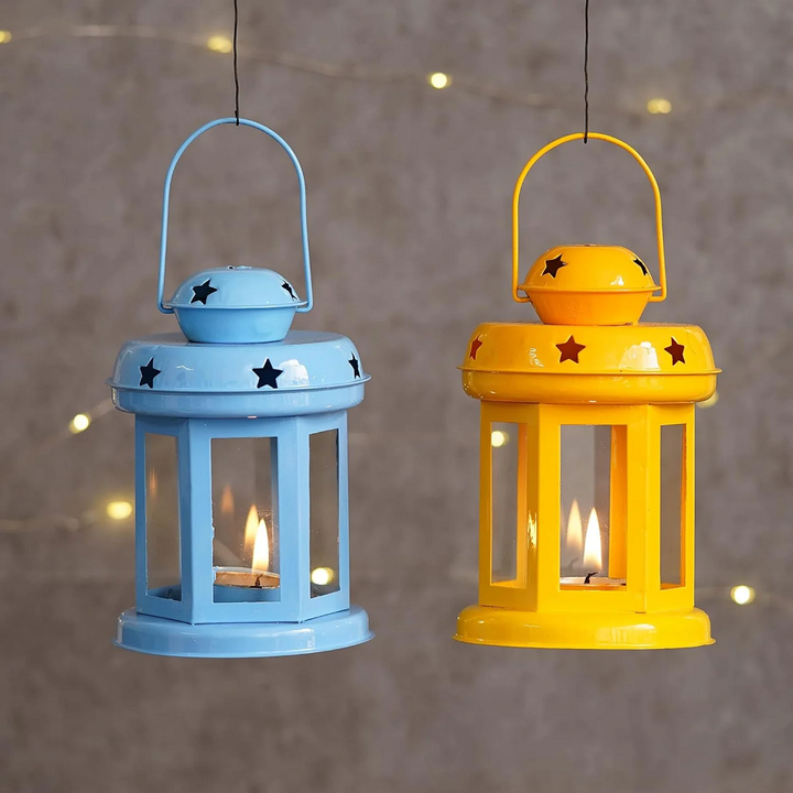 Blue Yellow Metal Wall Hanging Lantern Tea Light Candle Holders Set of 2