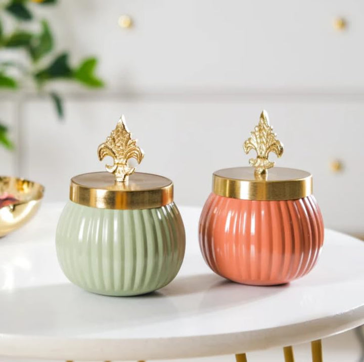 Brass Metal Lining Decorative Pink and Green Jar with Stylish Gold Knob Set of 2