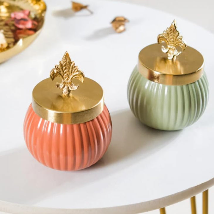 Brass Metal Lining Decorative Pink and Green Jar with Stylish Gold Knob Set of 2